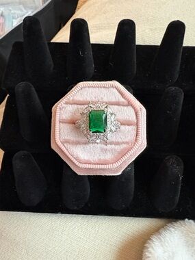 Emerald Green Halo Cocktail Ring - Women Jewelry CZ